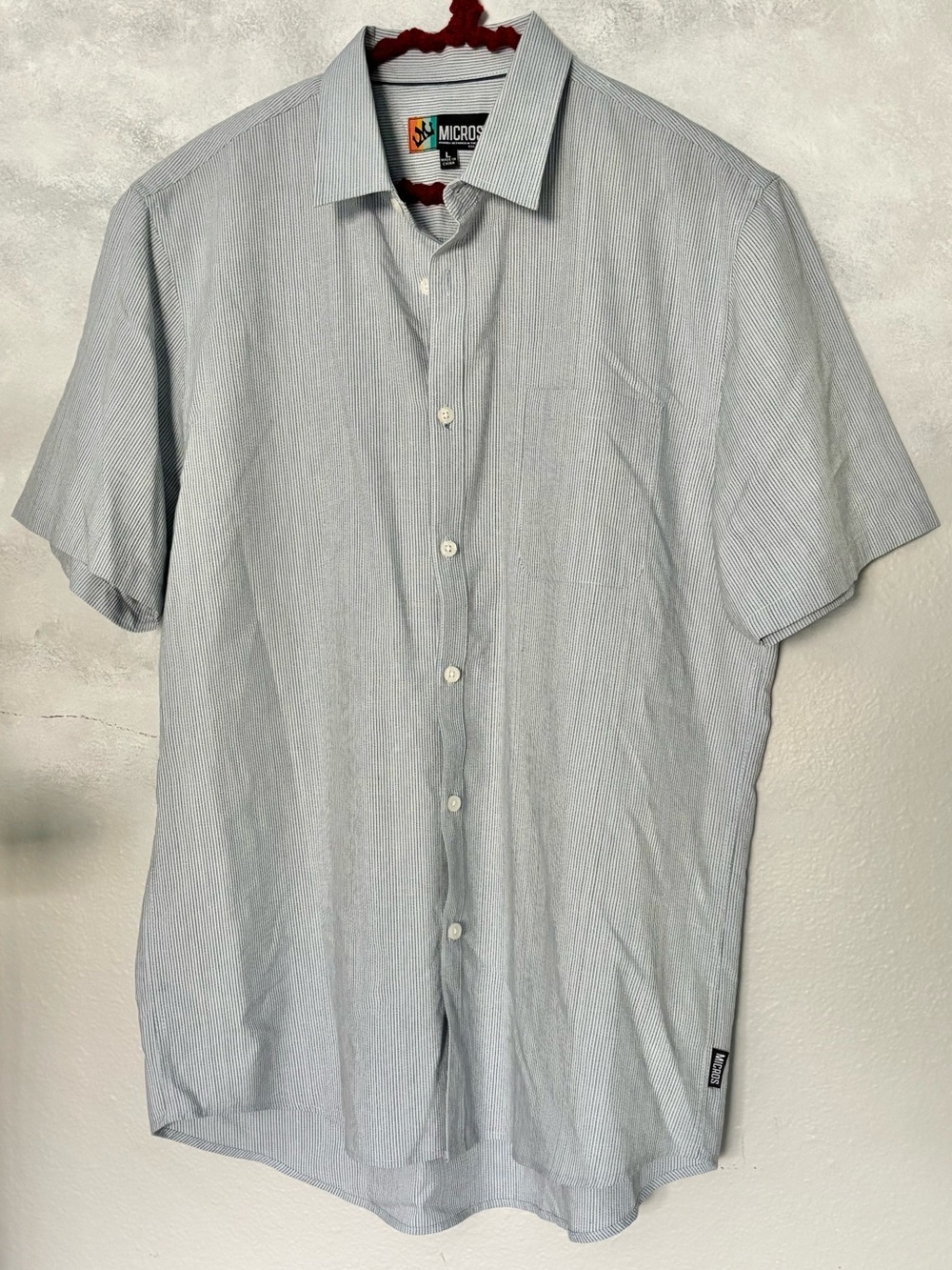 Micros Short Sleeve Button Down Shirt Blue Striped Large Breathable Light Casual